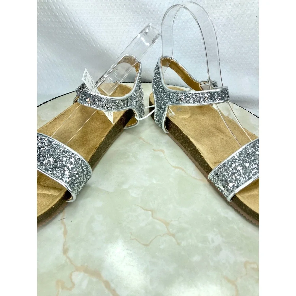 Crewcuts Glitter Two Strap Buckle Sandals Kids 5 Silver Sparkle Comfy Shoes NEW